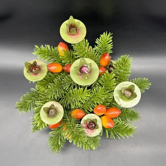 Vintage Christmas Candle Holder Centerpiece Metal Faux Pine Greenery Green 1960s - Picture 3 of 10
